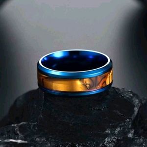 New 8mm Minimalist Wood Look  Inlay Blue Trim Band size 9 Unisex
